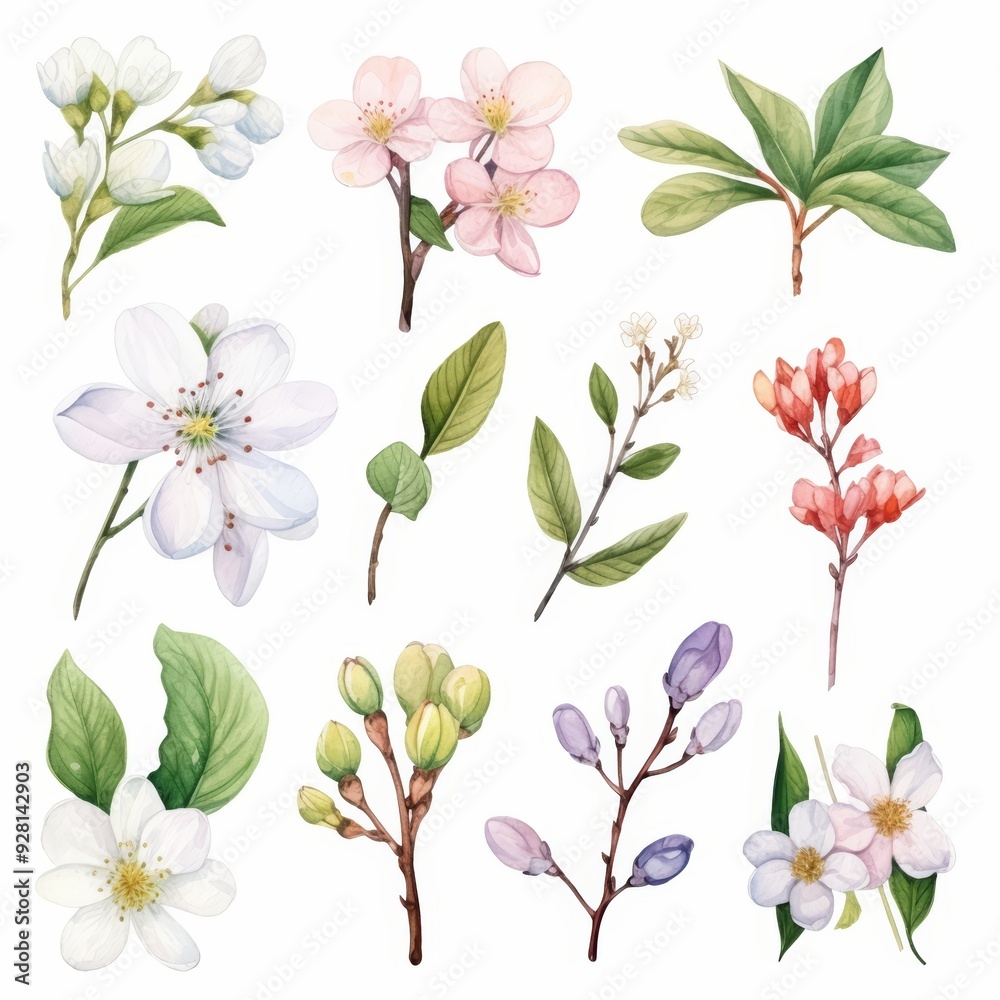 Fototapeta premium Watercolor illustration of a collection of spring flowers and buds with leaves isolated on white background.