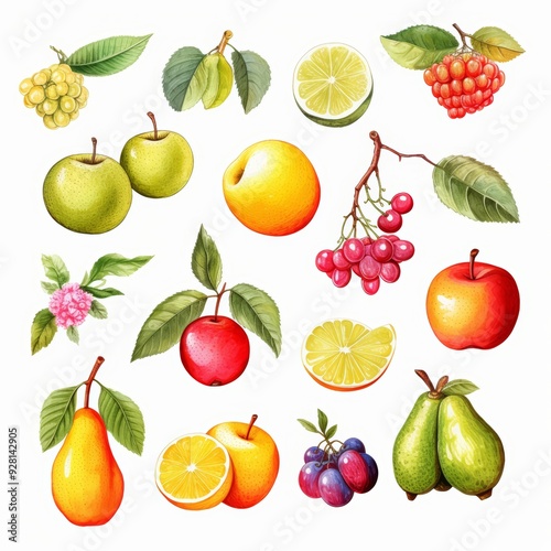 Watercolor illustration of a collection of various fruits and berries, including apples, pears, grapes, lemons, and limes.