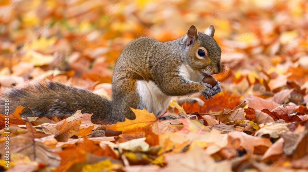Squirrel Eating Nut in Autumn Leaves. Squirrel Eating Nut in Autumn Leaves.
