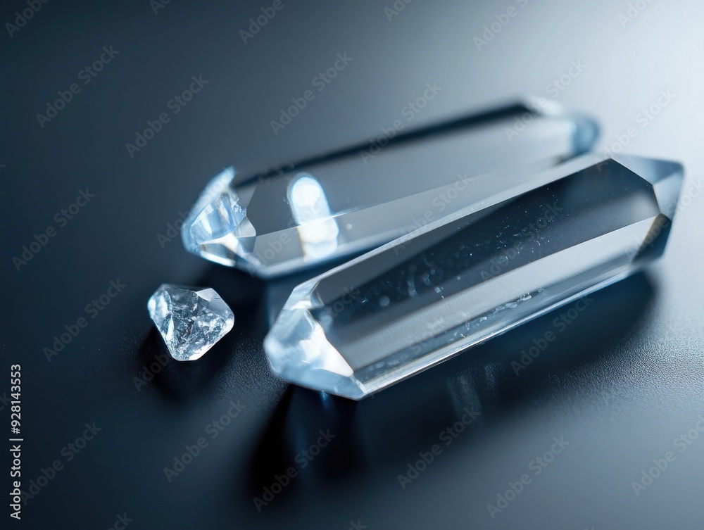 Close-up of sparkling crystals on a dark surface, showcasing their clarity and precision in a captivating arrangement.