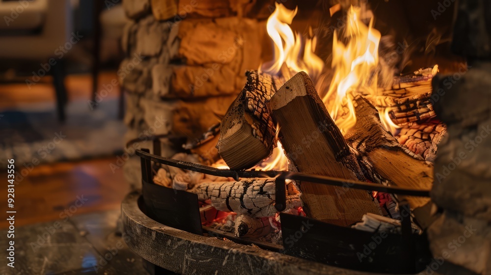 Fototapeta premium Warm Fireplace With Burning Wood and Flames.
