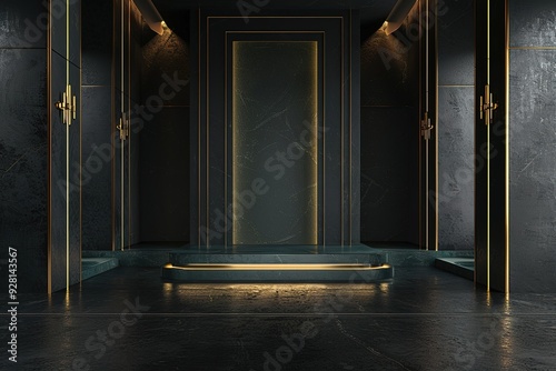 Dark interior with gold accents and a raised platform.