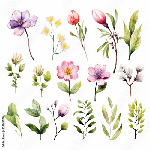 Watercolor floral illustrations of various flower types, bud, and green leaves.
