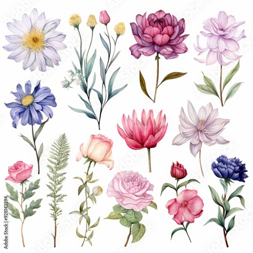 Watercolor floral illustration with pink, purple, and blue flowers on a white background.