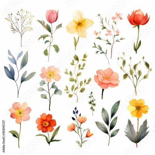 Watercolor floral elements collection featuring a variety of flowers, leaves, and stems, perfect for creating unique designs.