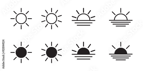 Sun icons collection. sunshine, sunrise or sunset. Flat or outline modern shining symbols collection, Shine sun ray logo or sing. Solar summer icon.