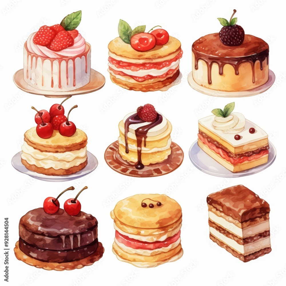 Set of nine watercolor illustrations of different cakes, pastries, and desserts, with various toppings and fillings. Set of nine watercolor illustrations of different cakes, pastries, and desserts, with various toppings and fillings.