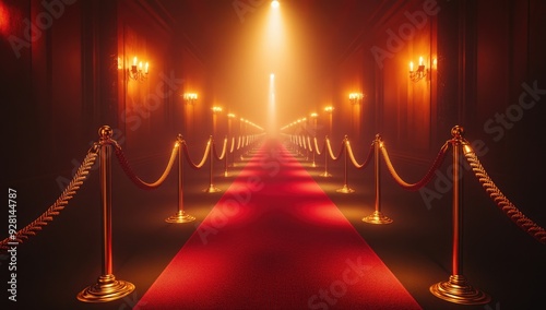 Wallpaper Mural Red Carpet with Rope Barriers and Spotlights, Glamorous Hollywood Path Illuminated at Night with Red Lights Torontodigital.ca