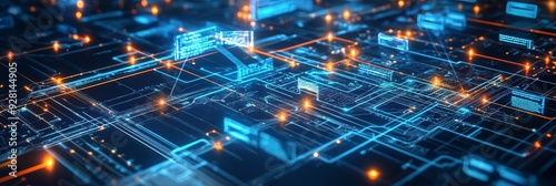 The image showcases a complex network of interconnected nodes and circuits, symbolizing data flow, connectivity, digital infrastructure, technological advancement, and the interconnected nature of inf photo