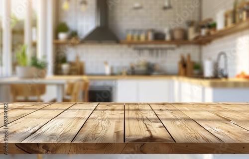 Wooden Tabletop with Blurred Kitchen Background photo