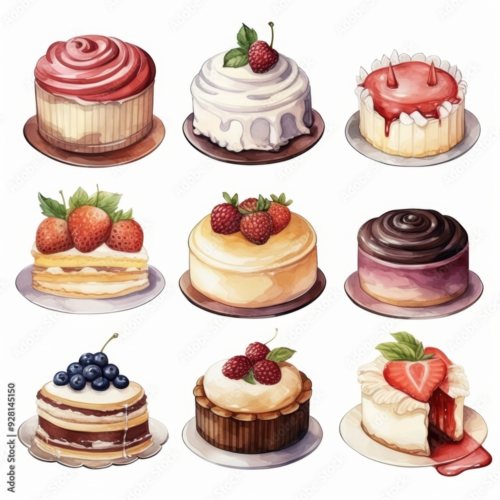 Nine watercolor illustrations of different cakes on white background. Nine watercolor illustrations of different cakes on white background.