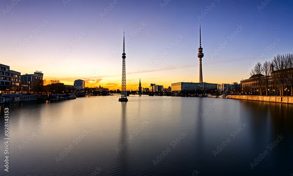 Berlin skyline panorama with TV tower and Spree river at sunset, Germany Berlin skyline panorama with TV tower and Spree river at sunset, Germany