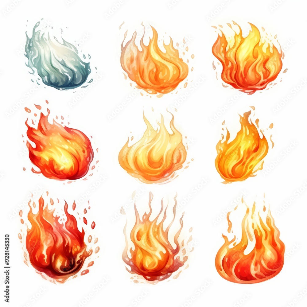 Nine stylized watercolor fire flames set isolated on white background. Nine stylized watercolor fire flames set isolated on white background.