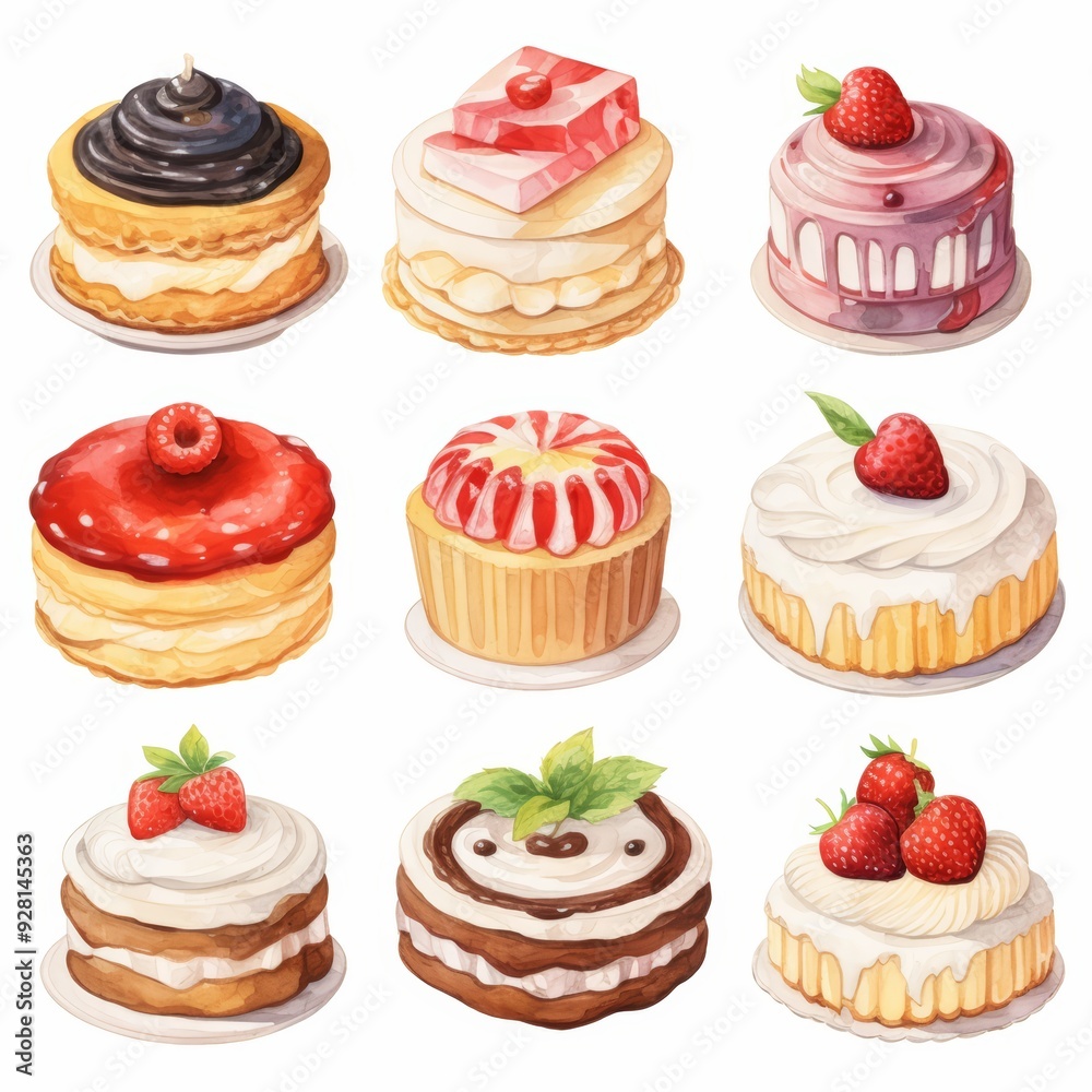 Nine different watercolor cakes with fresh berries and cream. Nine different watercolor cakes with fresh berries and cream.