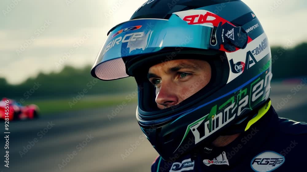 A determined driver gears up for a high-speed race on a scenic track as the sun sets, showcasing concentration and drive. A determined driver gears up for a high-speed race on a scenic track as the sun sets, showcasing concentration and drive.