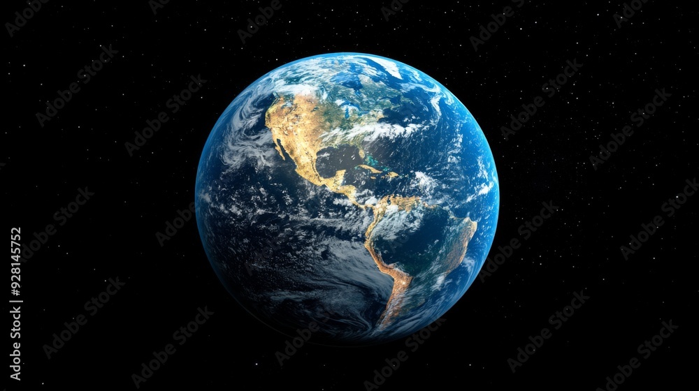 Earth with North and South America visible in space with a starry background. Earth with North and South America visible in space with a starry background.