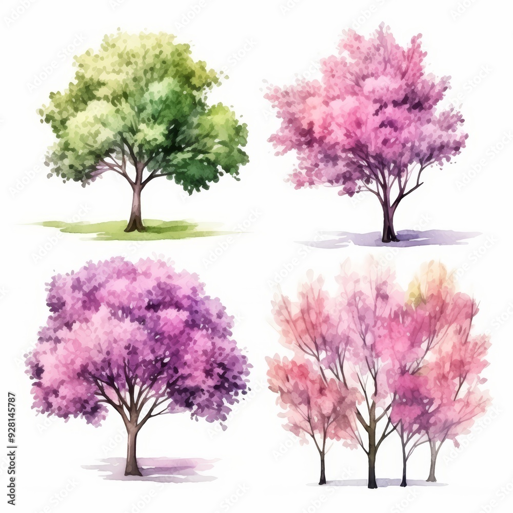 Obraz premium Four watercolor illustrations of trees, one green and three different shades of pink.