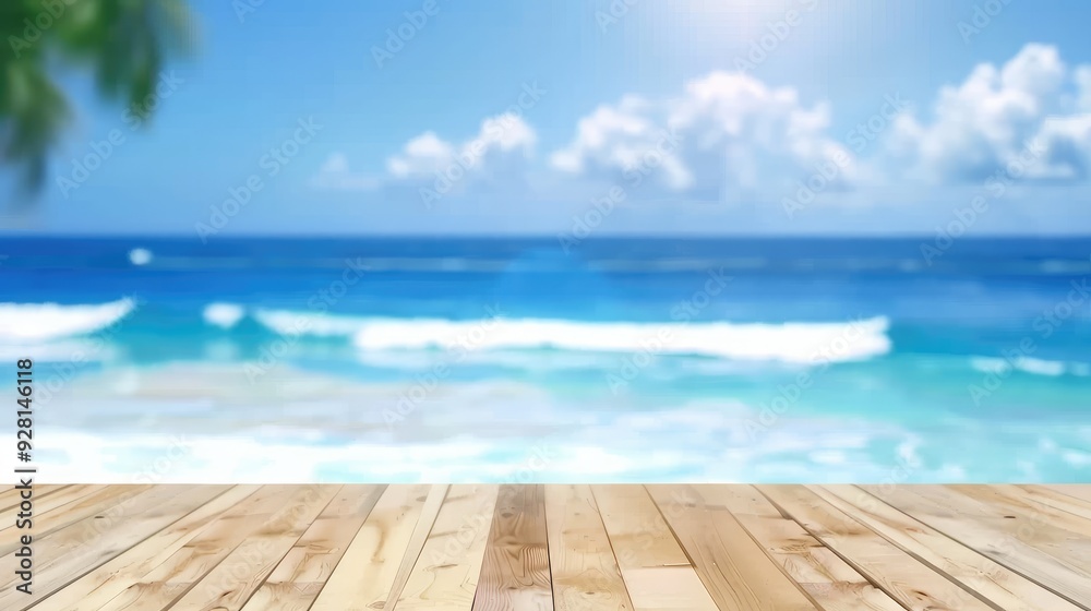 Fototapeta premium Wooden Table Set on Beach Sand with Ocean Waves, Tropical Summer Showcase and Blurred Background
