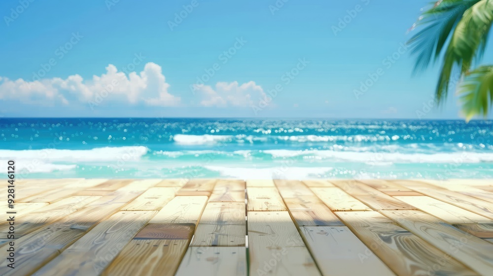 Wooden Table Set on Beach Sand with Ocean Waves, Tropical Summer Showcase and Blurred Background Wooden Table Set on Beach Sand with Ocean Waves, Tropical Summer Showcase and Blurred Background