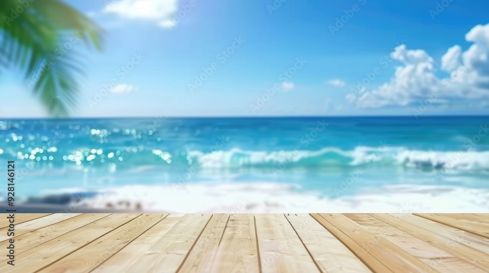 Fototapeta premium Wooden Table Set on Beach Sand with Ocean Waves, Tropical Summer Showcase and Blurred Background
