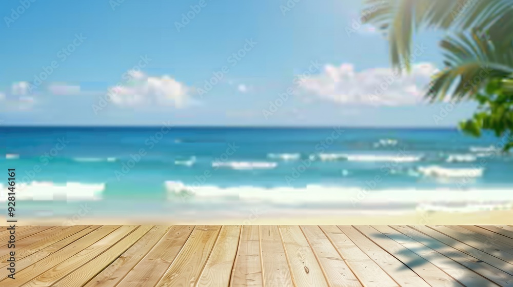 Fototapeta premium Wooden Table Set on Beach Sand with Ocean Waves, Tropical Summer Showcase and Blurred Background