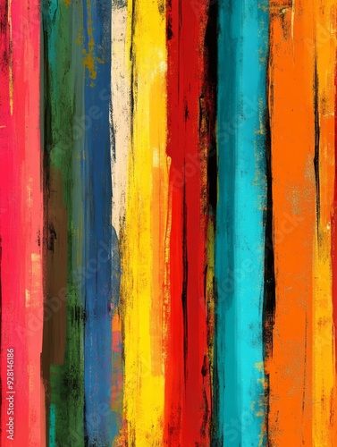 Vibrant and colorful abstract painting featuring vertical stripes in various shades of red, yellow, blue, green, and orange. This artwork symbolizes creativity, energy, diversity, and a sense of optim