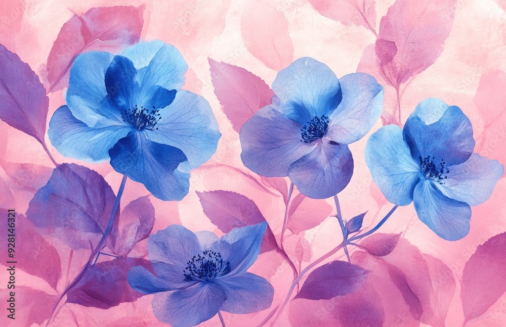 Watercolor Painting Flowers On Gradient Surface, Blue and Purple Flowers on Soft Pink Background