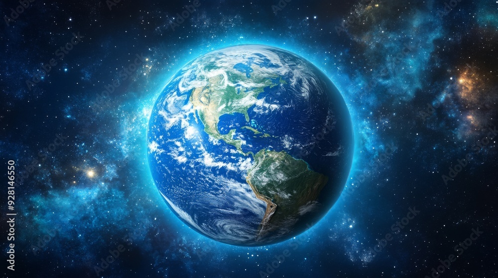 A vibrant Earth glows with a blue halo in a dark space dotted with stars. A vibrant Earth glows with a blue halo in a dark space dotted with stars.