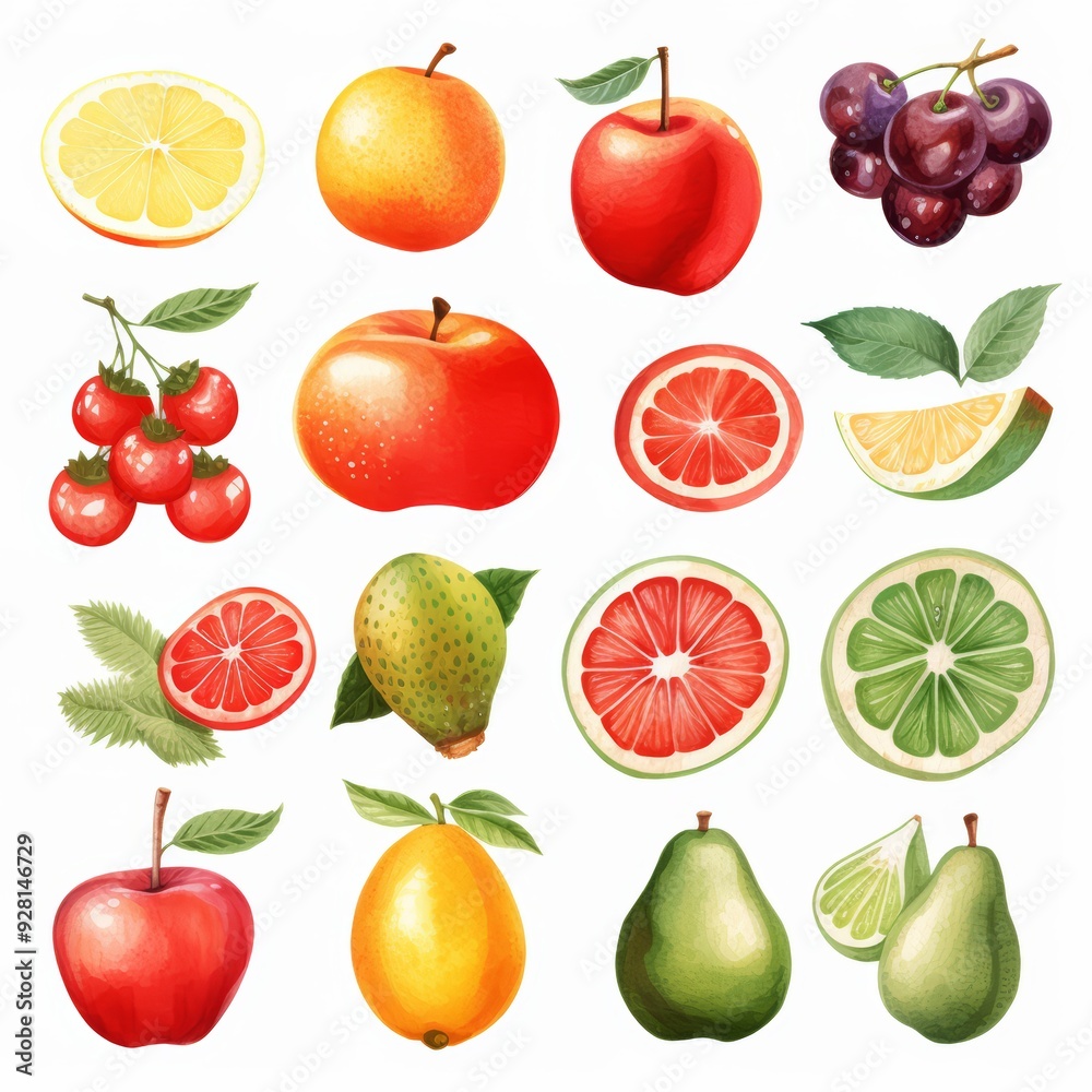 Collection of Fresh Fruits and Berries, Including Apples, Pears, Lemons, Limes, Grapefruit, and Cherries. Collection of Fresh Fruits and Berries, Including Apples, Pears, Lemons, Limes, Grapefruit, and Cherries.
