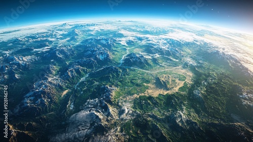 Aerial view of a vast mountain range with snow-capped peaks and a winding river flowing through the valleys.