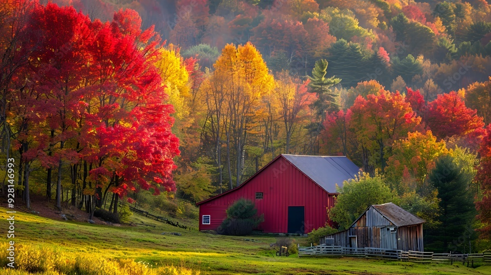 A red barn sits amidst a field of yellow grass and a colorful forest in the fall. A red barn sits amidst a field of yellow grass and a colorful forest in the fall.