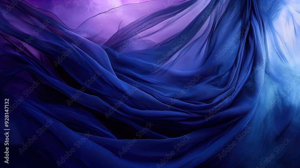 The image showcases a flowing, ethereal arrangement of sheer fabric in varying hues of deep blue and purple. The delicate layers of fabric create a sense of motion and fluidity, reminiscent of waves o The image showcases a flowing, ethereal arrangement of sheer fabric in varying hues of deep blue and purple. The delicate layers of fabric create a sense of motion and fluidity, reminiscent of waves o