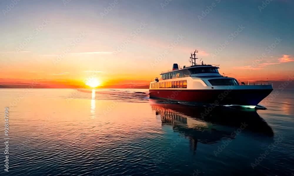 A large white and red boat travels across the calm ocean water at sunset. A large white and red boat travels across the calm ocean water at sunset.