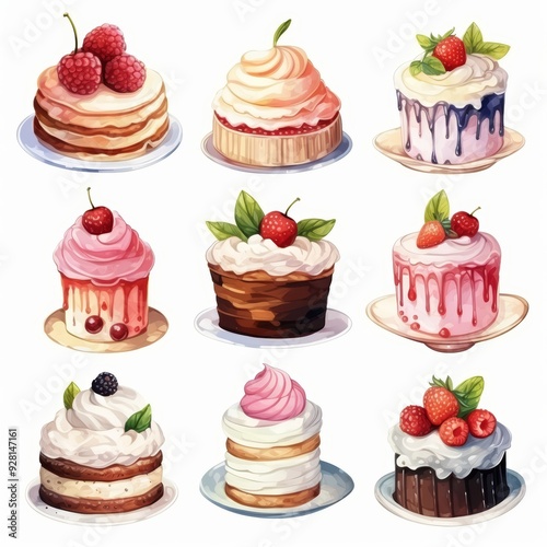 A set of nine different cakes with various toppings and fillings, all on white plates against a white background.