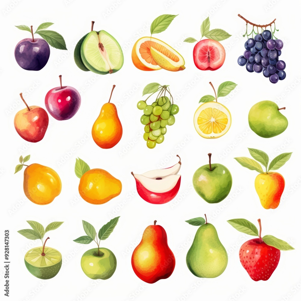 A collection of various fruits, including apples, pears, grapes, plums, and citrus fruits, isolated on a white background. A collection of various fruits, including apples, pears, grapes, plums, and citrus fruits, isolated on a white background.