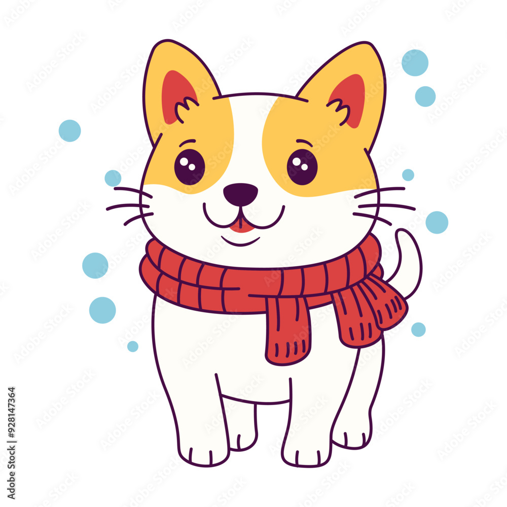 Cute Puppy Dog Cartoon Animal Wearing Scarf Under Snow with Happy Expression Cute Puppy Dog Cartoon Animal Wearing Scarf Under Snow with Happy Expression