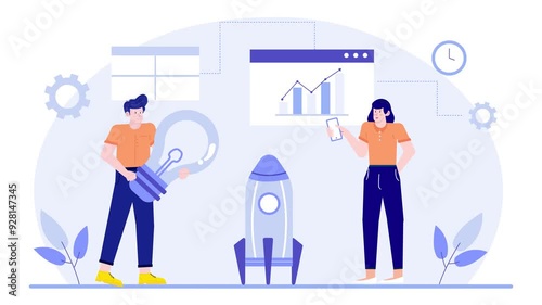 teamwork preparing business launch with rocket and light bulb illustration animated video