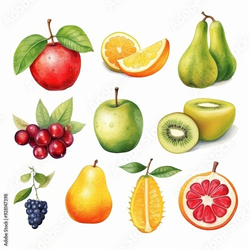 A collection of fresh fruits, including apples, pears, grapes, kiwi, citrus, and cherries, isolated on a white background.