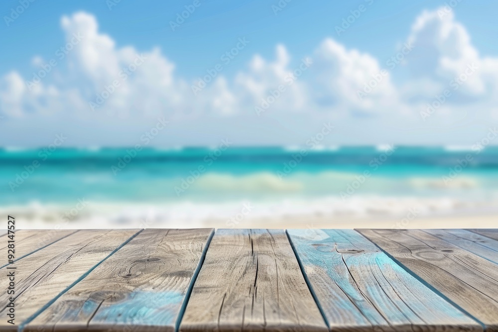 Fototapeta premium Wooden Tabletop with Blurry Beach Background