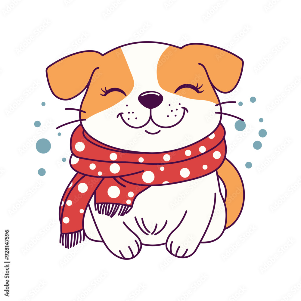 Fototapeta premium Cute Puppy Dog Cartoon Animal Wearing Scarf Under Snow with Happy Expression