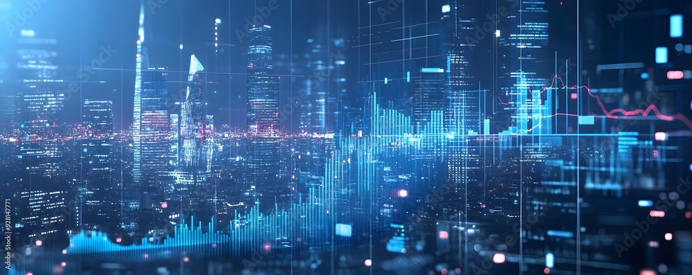 A Cityscape with Overlaid Digital Charts and Graphs A Cityscape with Overlaid Digital Charts and Graphs
