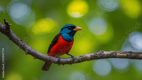 Vibrant tanagers perched on a colorful branch. An adult male Brazilian tanager, ramphocelus bresilius, perched on a branch. This bright and colourful species. photo