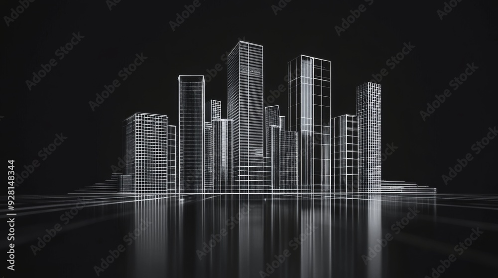 Fototapeta premium Wireframe city skyline with reflections.
