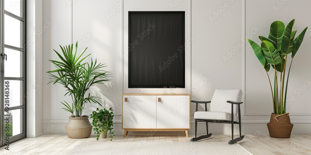 Black poster above a cabinet and chair in a simple white teenager s room interior with plants Authentic photograph Black poster above a cabinet and chair in a simple white teenager s room interior with plants Authentic photograph
