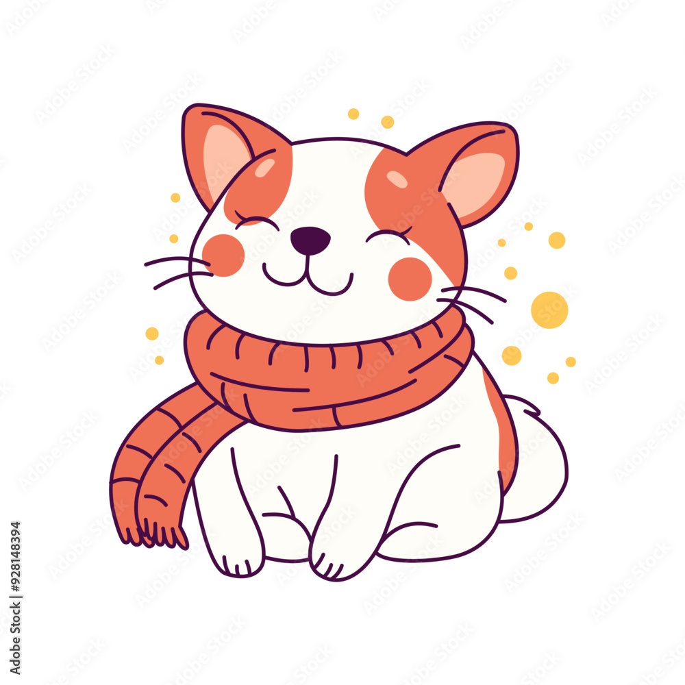 Cute Puppy Dog Cartoon Animal Wearing Scarf Under Snow with Happy Expression