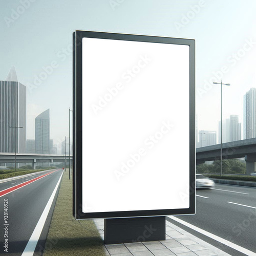 White mockup in billboard besides the road in center of the city. advertisement marketing and graphic resources.