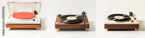 Three distinct record players: vintage white plastic turntable with wooden base and red velvet cover, classic brown wood-grained player with cream paint and polished brass, and an elegant beige record