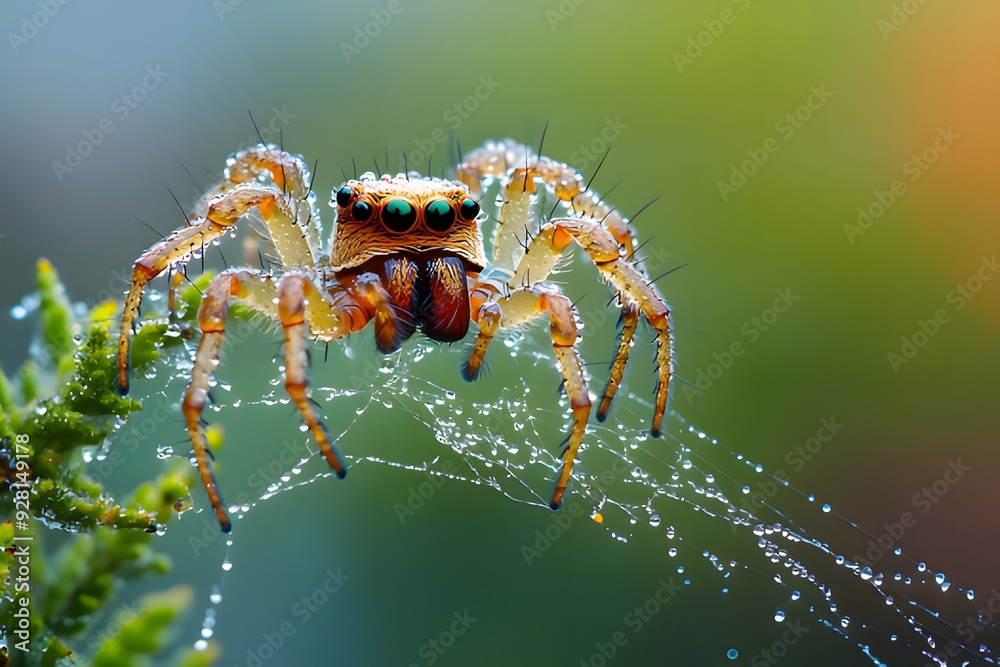 A vibrant and detailed close-up of a jumping spider, perched on a dewy web A vibrant and detailed close-up of a jumping spider, perched on a dewy web