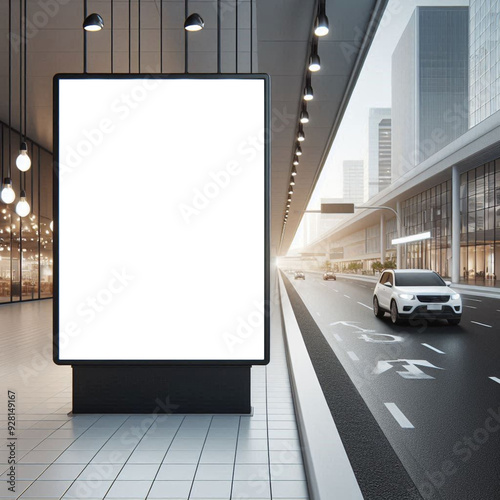 White mockup in billboard besides the road in center of the city. advertisement marketing and graphic resources.