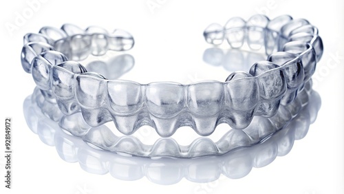 A clear dental aligner lies on a soft, white background, showcasing its transparent and flexible design for discreet orthodontic teeth straightening treatment. photo